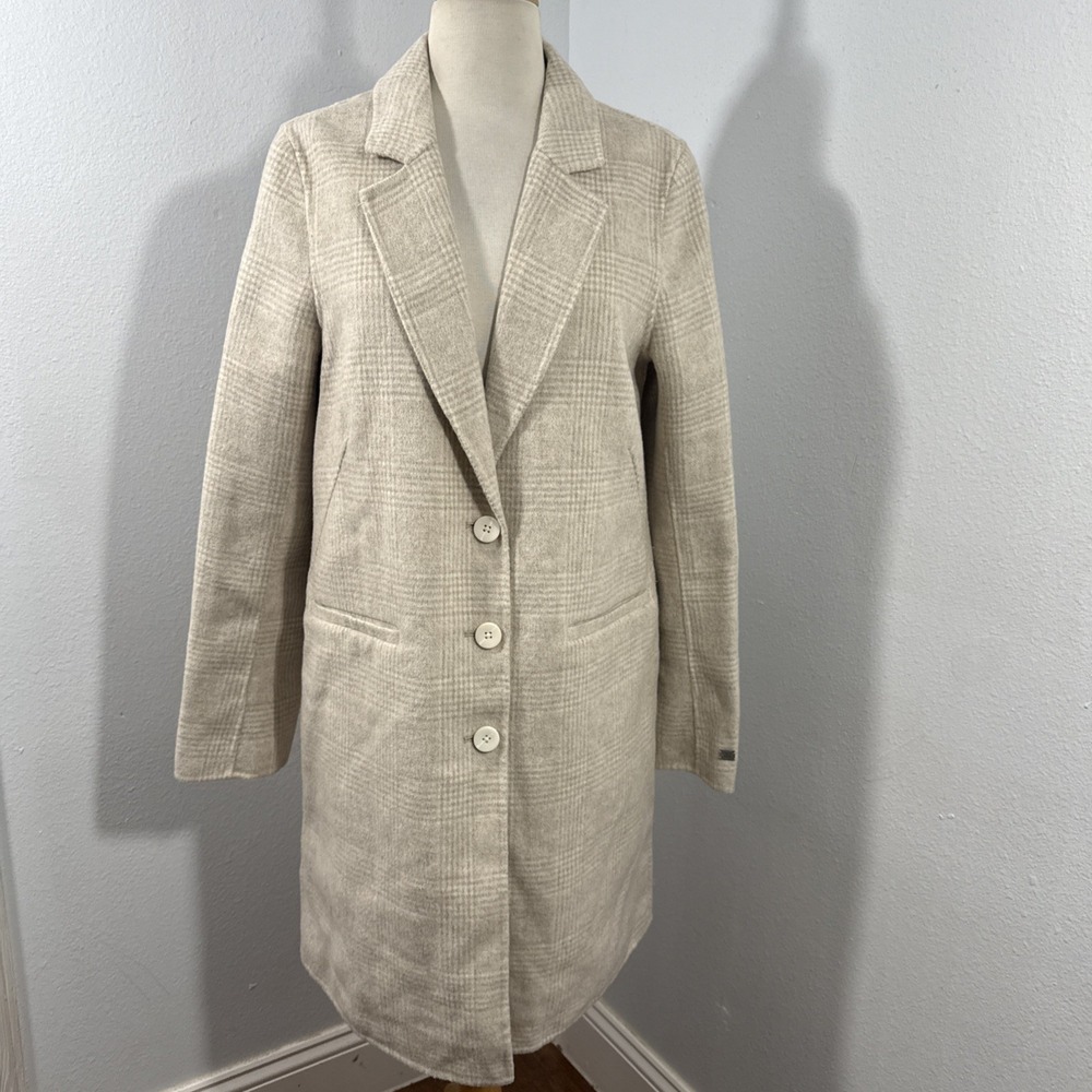 Soia Kyo Trench Coat Womens S‎ Petite Beige Houndstooth Fall Capsule Jacket